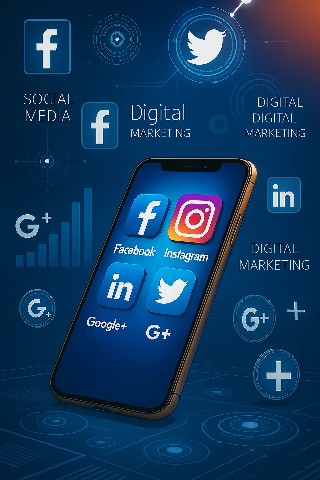A digital illustration featuring a smartphone screen with icons of Facebook, Instagram, Twitter, LinkedIn, and Google+, set against a high-tech background with glowing visuals and the words "Social Media" and "Digital Marketing" — representing the innovative strategies of a top digital marketing agency in Calicut