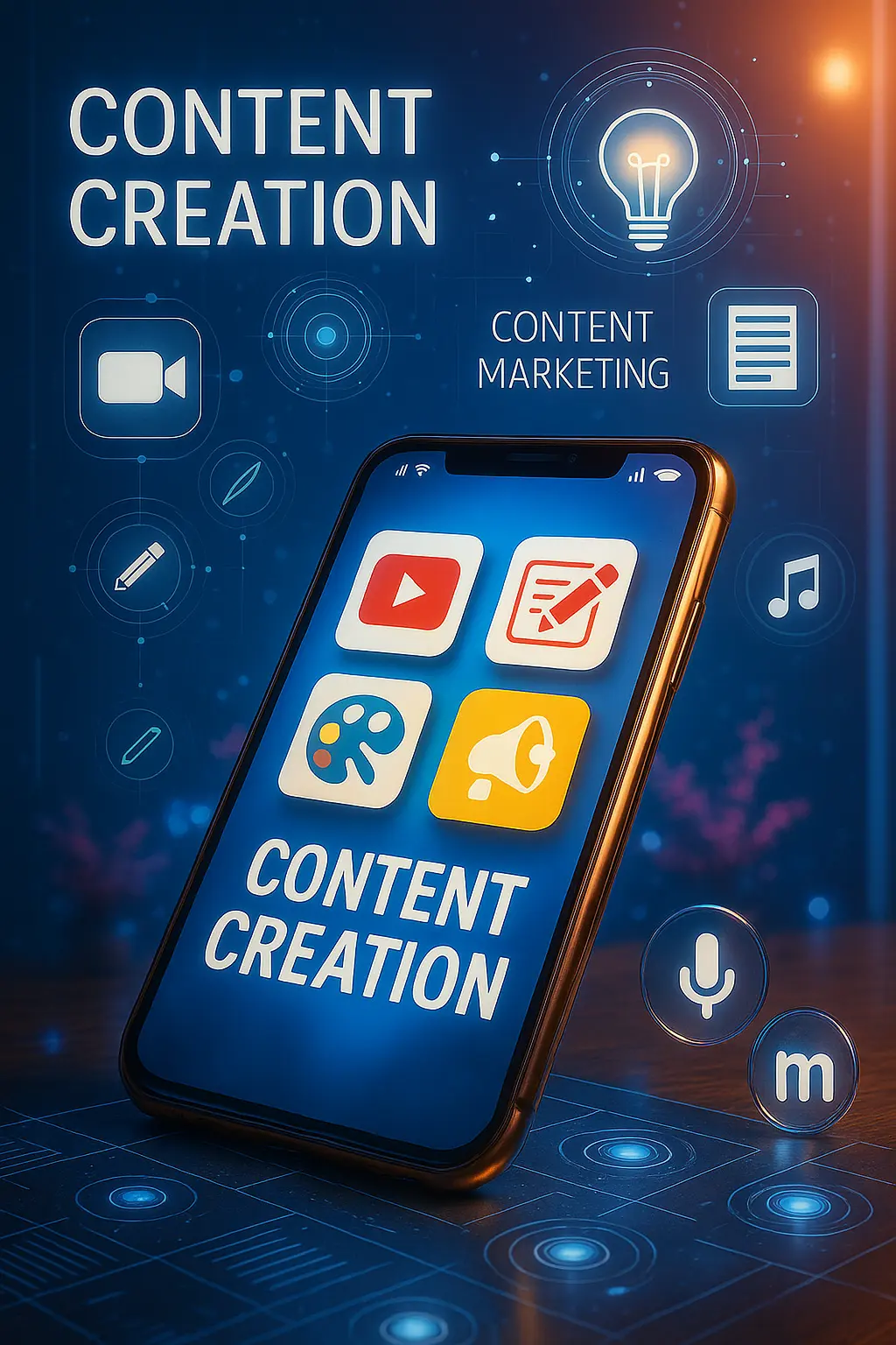 A digital illustration of a smartphone displaying content creation icons such as video, writing, design, and promotion, set in a futuristic environment with glowing symbols and the text “Content Creation” and “Content Marketing”—showcasing the creative capabilities of the top digital marketing agency in Calicut.