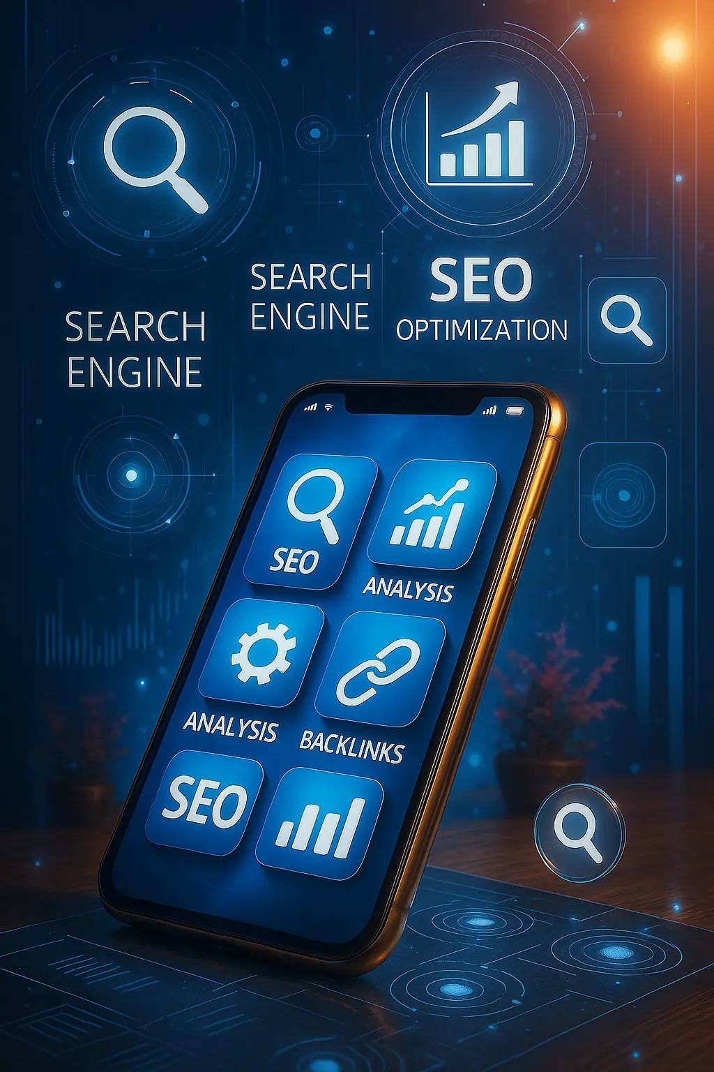 A digital illustration representing SEO tools on a smartphone screen, including icons for search, analysis, and backlinks, set against a futuristic tech background with glowing data visuals—highlighting services by a top digital marketing agency in Calicut.