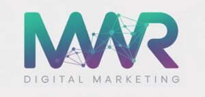 Logo design for a digital marketing company featuring the stylized letters 'MAR' with a gradient color scheme and connected network nodes, symbolizing technology and connectivity.